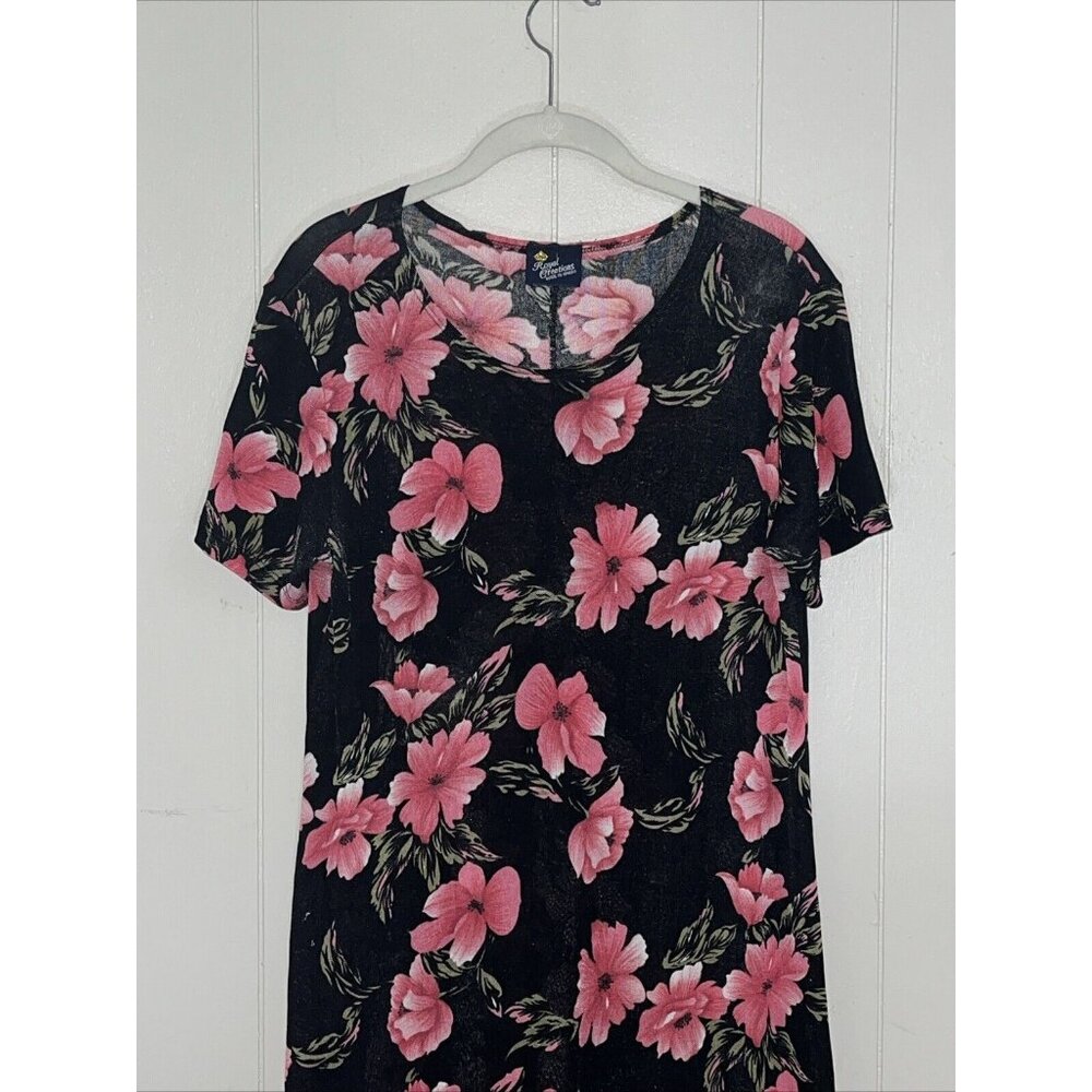 Royal Creations Vintage Black Floral Maxi Dress Medium Pink Flowers Hawaii
